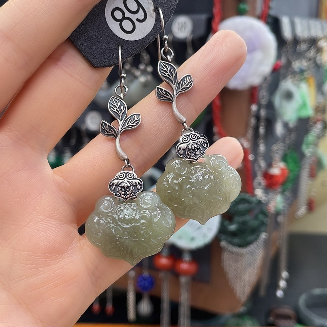 和田玉耳饰银S925镶嵌平**福436gjjhhh