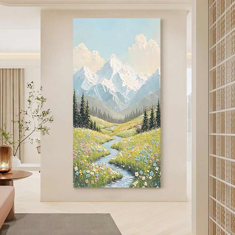 纯手绘油画《福水宝地》玄关奶油风立体肌理风景画过道装饰画