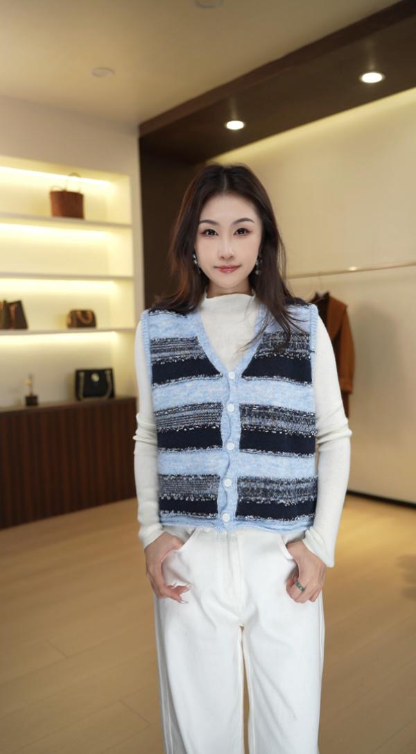 7224无袖V领条纹薄款针织女毛针织衫拼色毛衫毛衣百搭