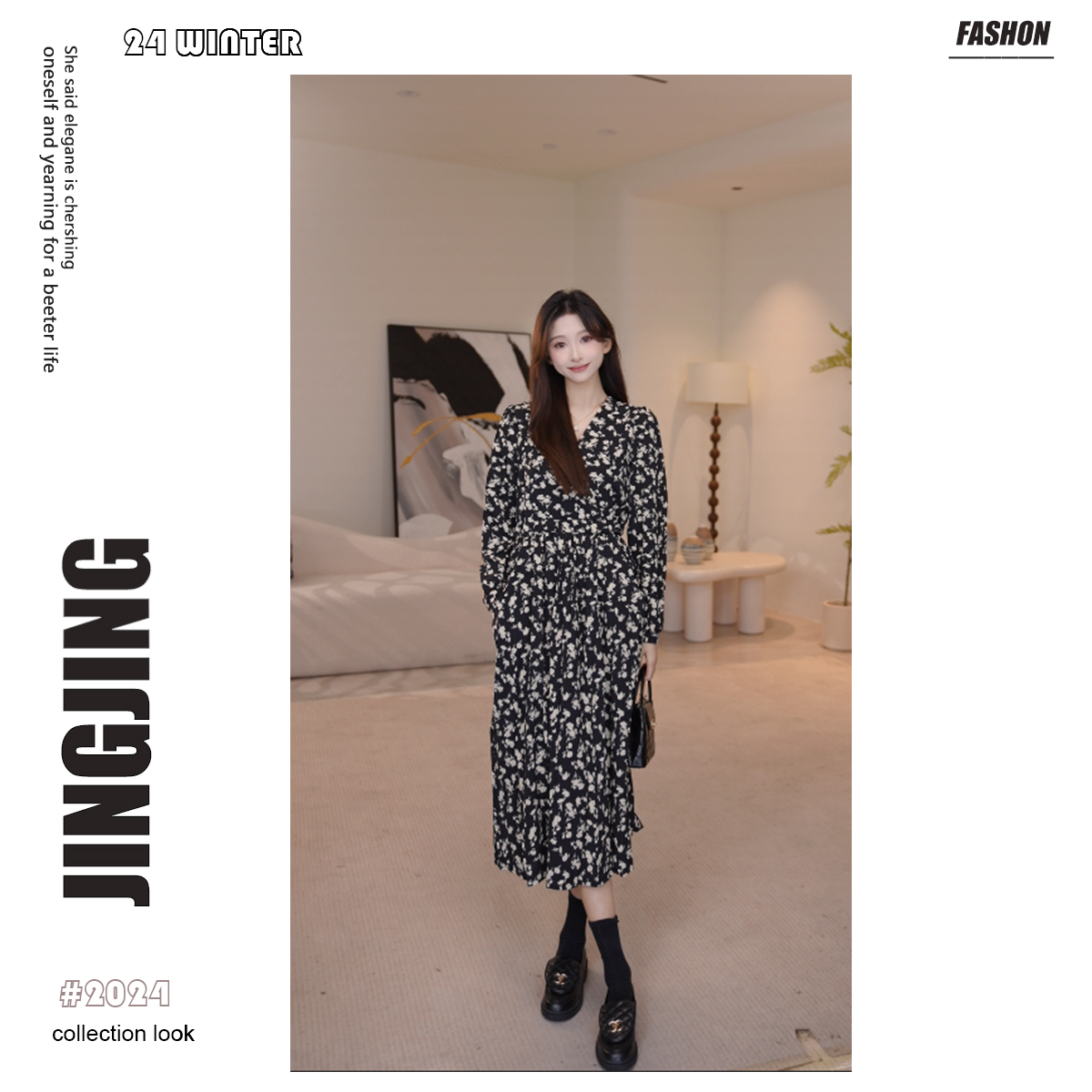 【婧婧】复古小众口袋气质显瘦碎花长袖雪纺打底系带连衣裙28D298