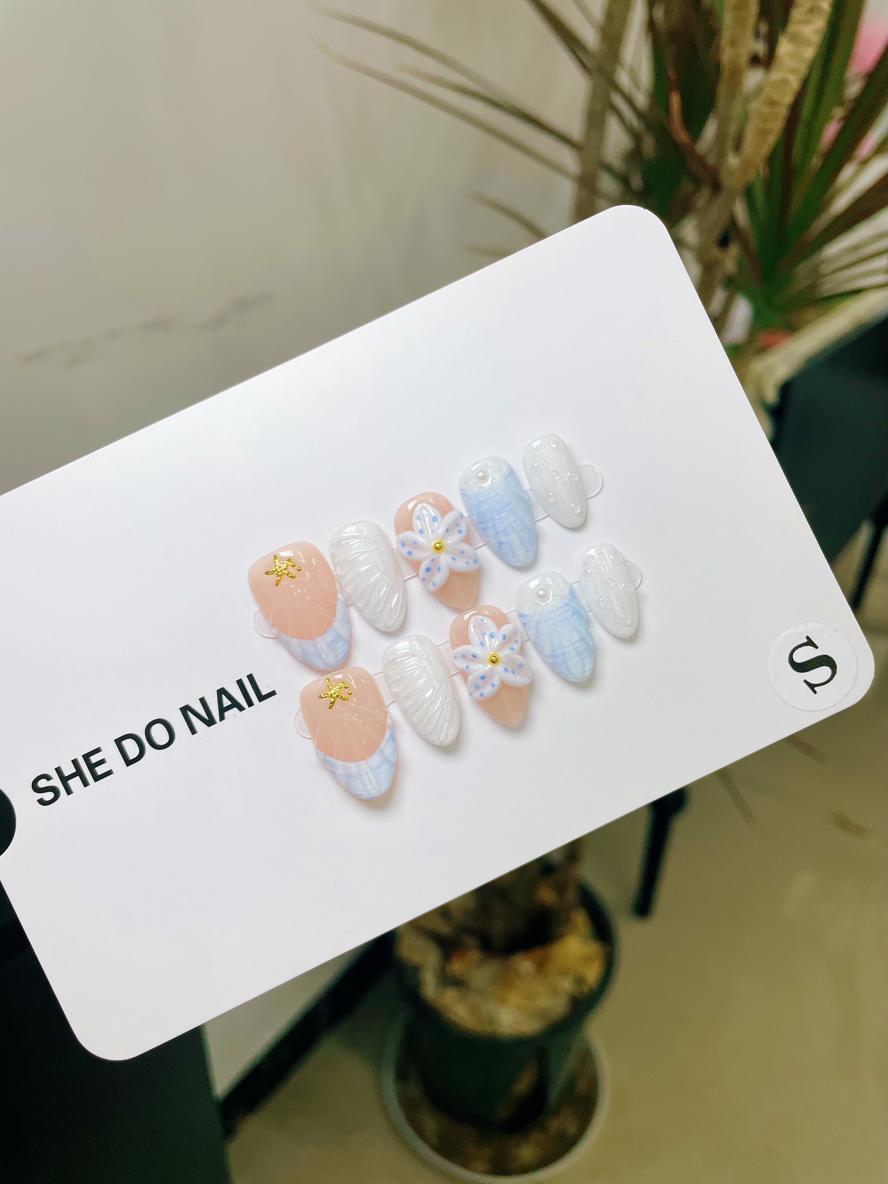 SHEDONail“蓝贝”纯手工立体花朵晕染水波纹杏仁海洋风设计穿戴甲