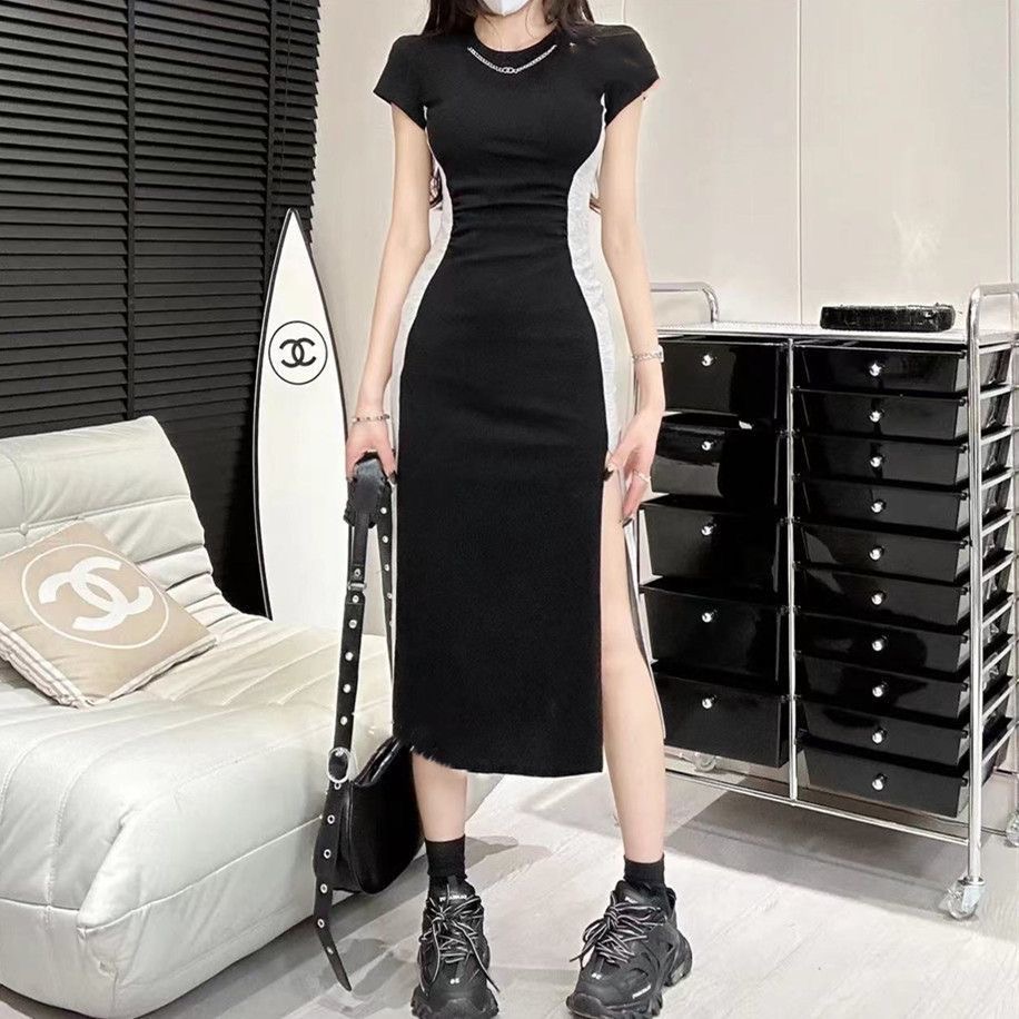 2025修身设计感小众连衣裙女夏季撞色拼接裙子微胖mm遮肚显瘦长裙