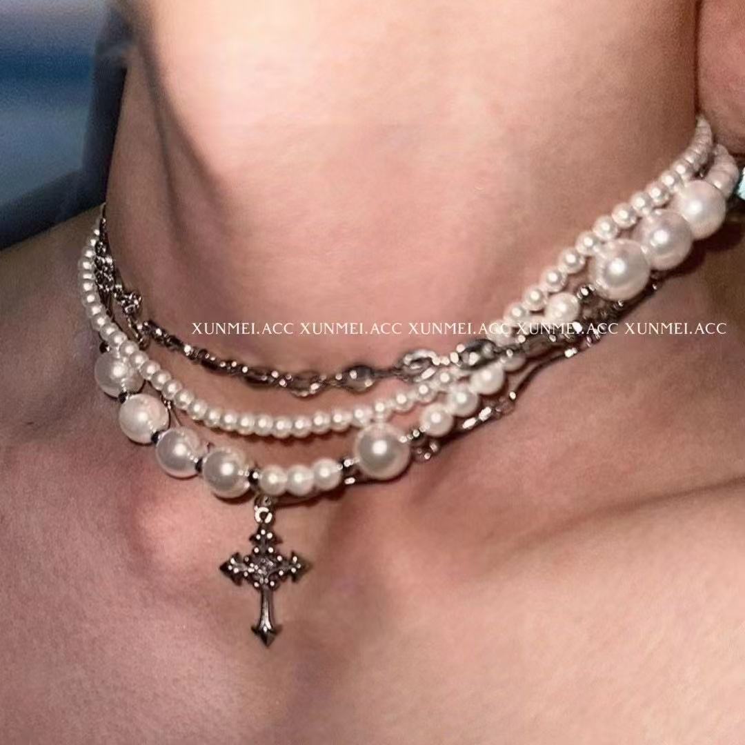 铜合金锆石项链 Q14-多层叠戴珍珠十字架项链