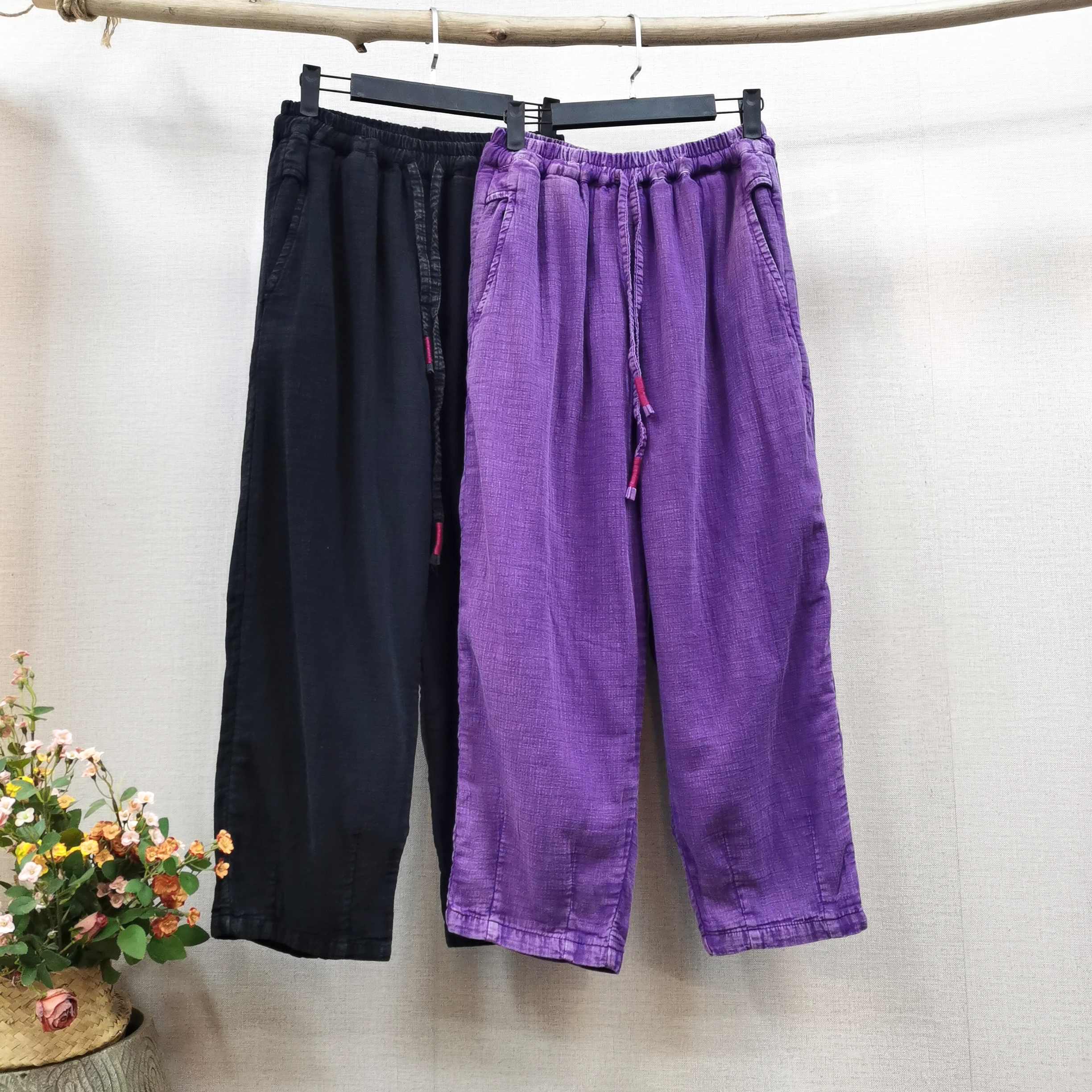 儒品素衣9037棉麻双层抽绳小脚裤