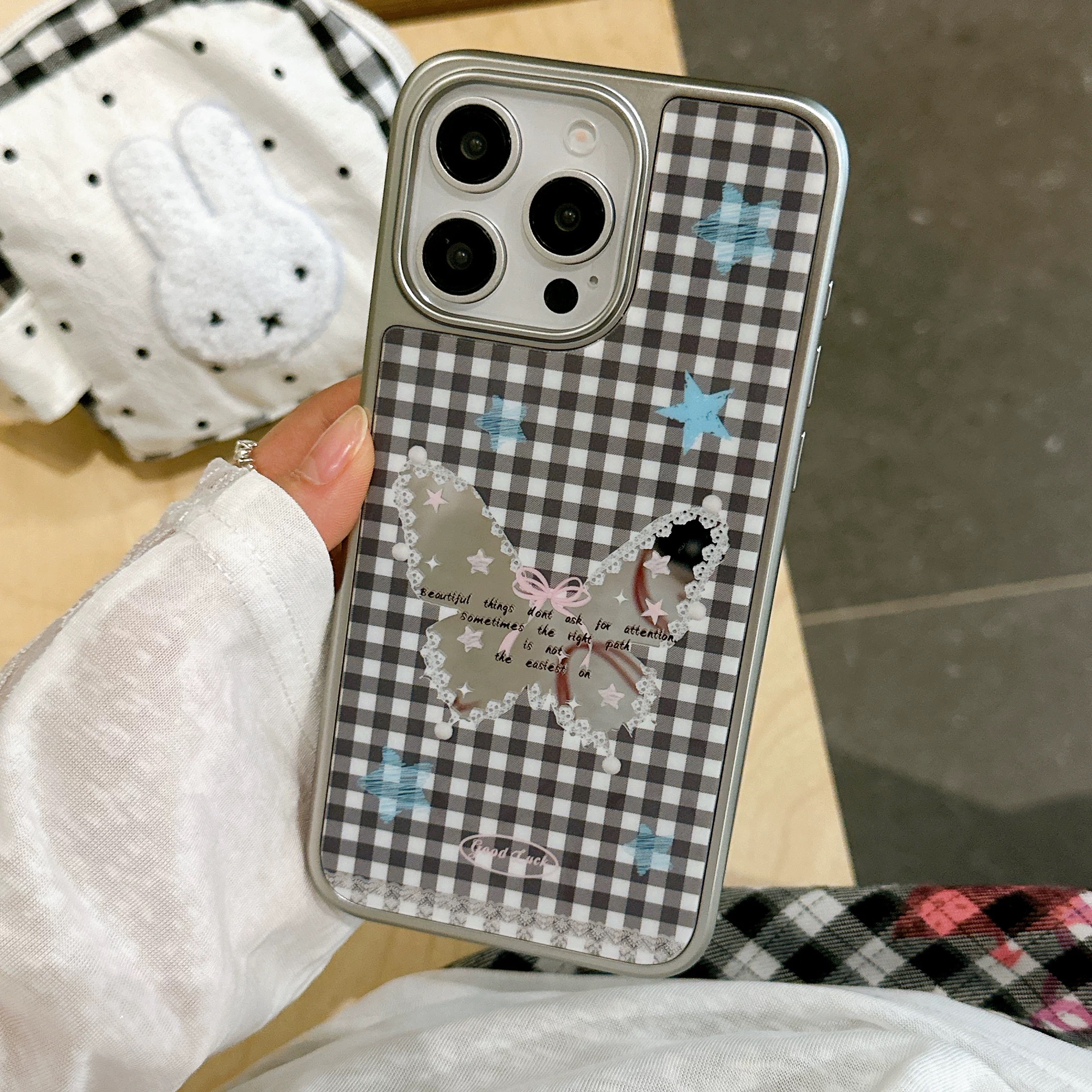 银色镜面蕾丝星星小众蝴蝶ins适用苹果17promax女iphone16手机壳