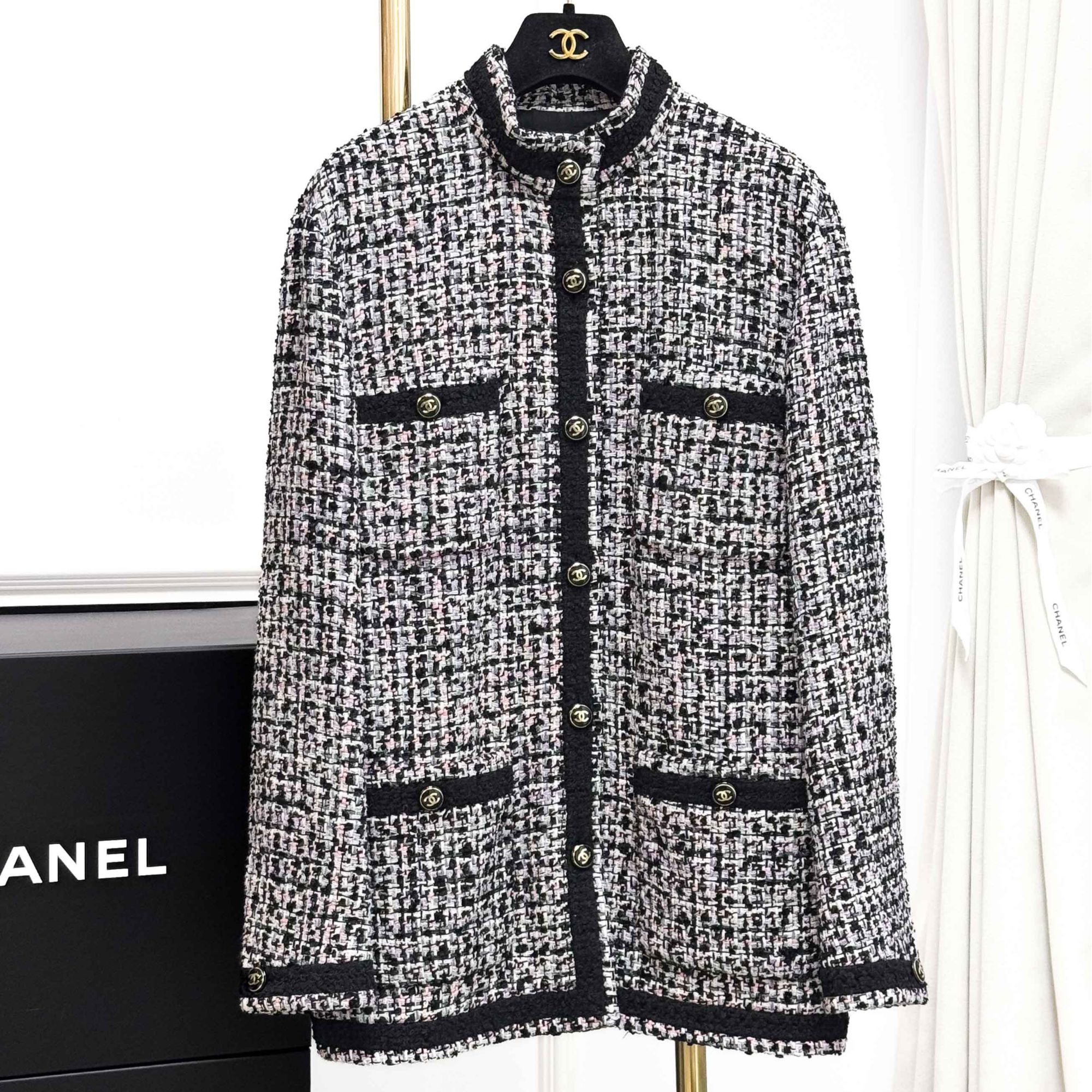 99新 Chanel/香奈儿 38码23P黑彩混色编织四口袋立领外套