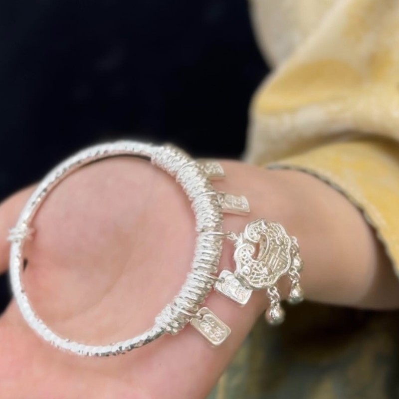 足银手镯 足银50号【平安锁盘缠】足银999手镯40g盘缠手镯实心闭口