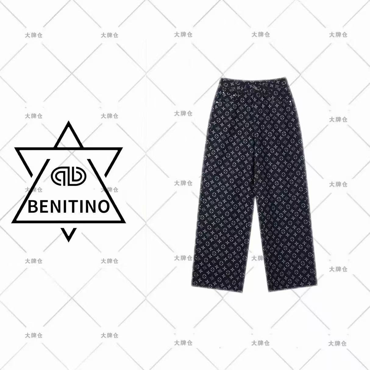 老花满印阔腿牛仔裤经典黑色复古时髦宽松百搭时尚单品