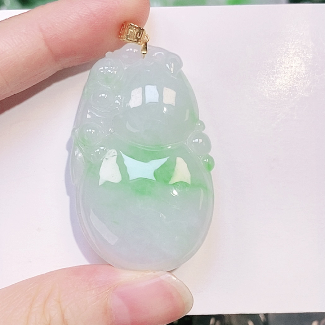 缅甸天然翡翠A货 冰飘花翡翠阳绿大葫芦吊坠
