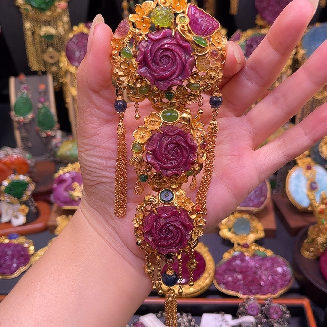 银S925镀金镶嵌吊坠(不含链)红宝石玫瑰花多宝吊坠