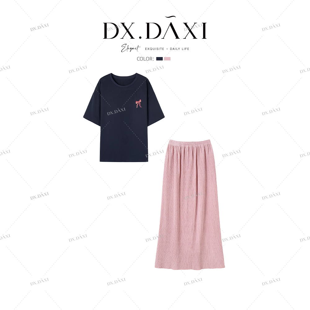 DX.DAXI【晚樱】2025新品夏季出游必备宽松舒适重工印花T恤半裙套装