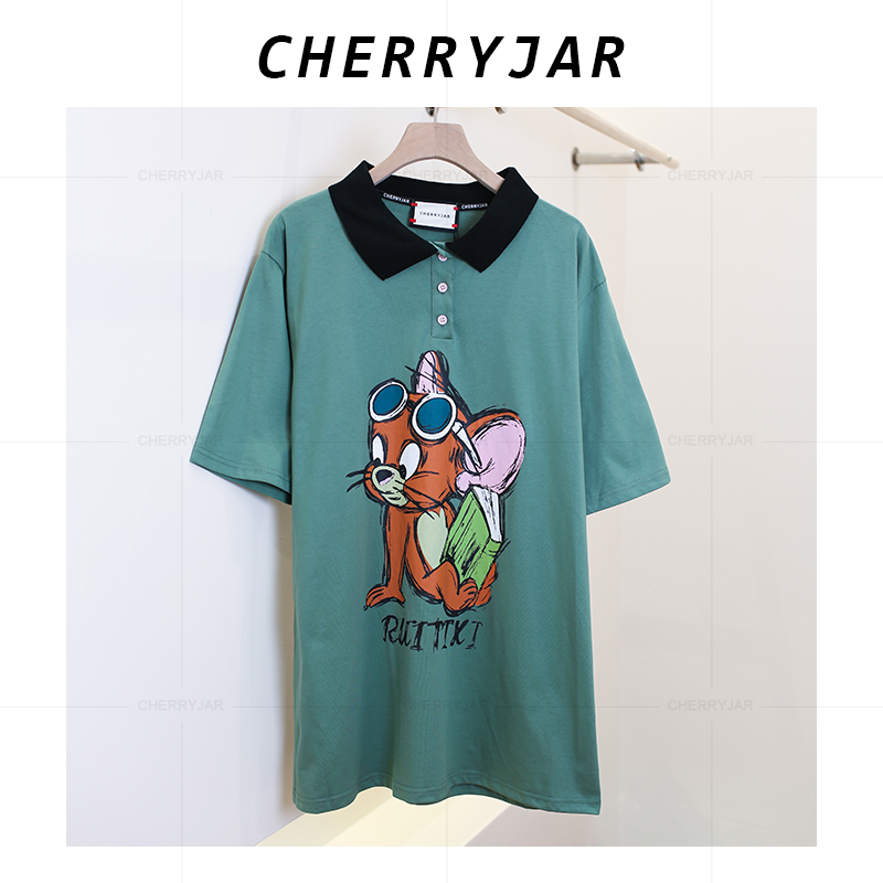 Cherryjar【25828】宽松棉质POLO领绿色印花潮流休闲短袖 T 恤