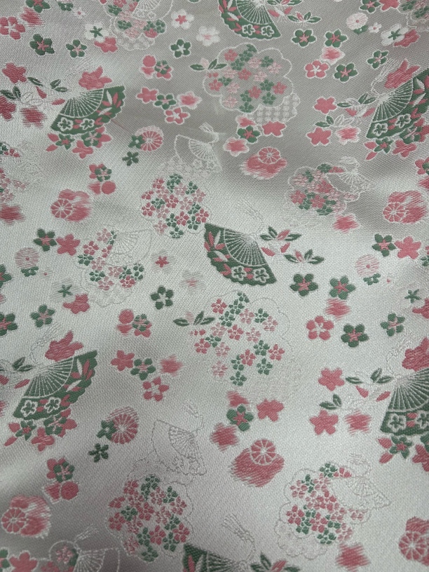 新款设计师扇子花绿粉色金粉色织锦缎面料