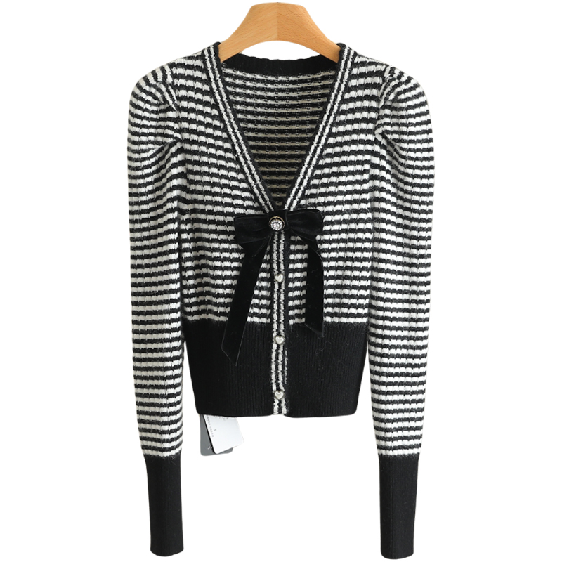 F8301-【桌】洋气蝴蝶结条纹修身针织开衫#ZJW58C007