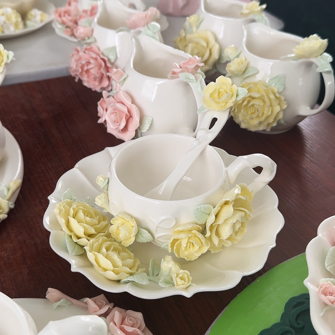 牡丹花咖啡杯碟加勺子