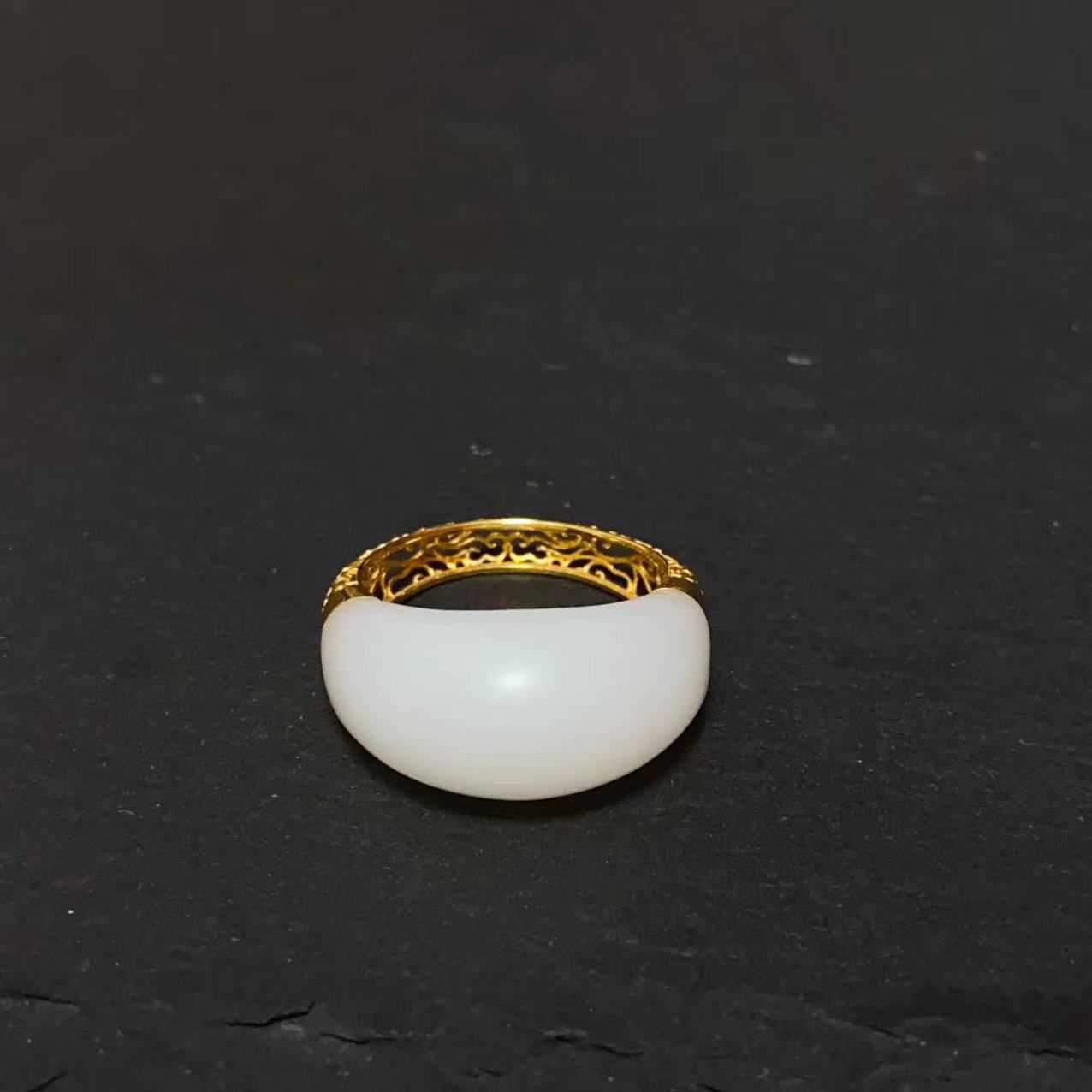 和田羊脂玉新疆白玉馒头戒指18k镶嵌时尚百搭拍下备注圈口14-18