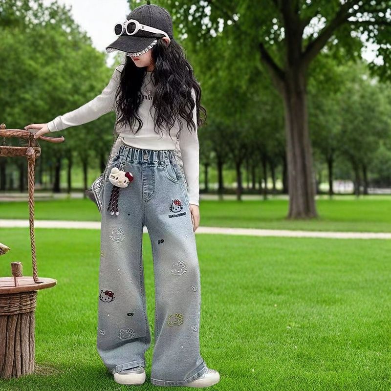 2025新款女童Kitty猫咪刺绣中大童休闲百搭春秋款宽松直筒牛仔裤
