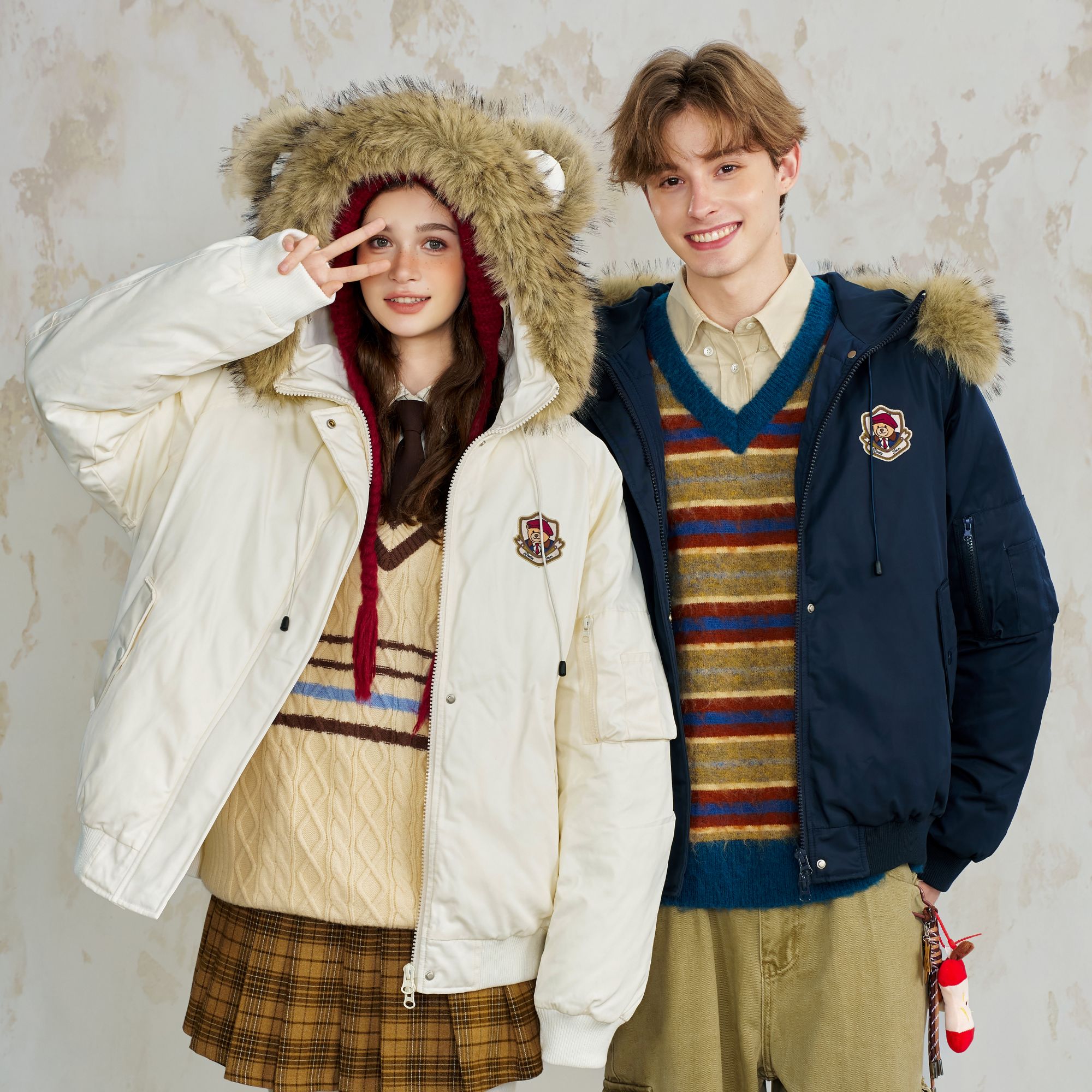 BEETLE TOWN趣味小熊毛领棉服女款2025款秋冬季加厚保暖棉衣外套