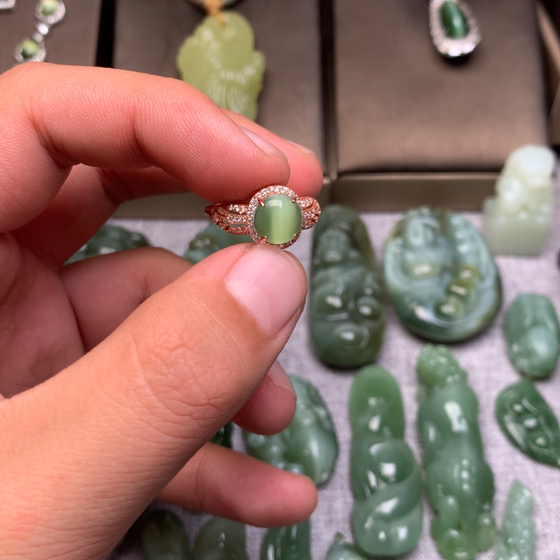 和田玉银S925镀金镶嵌戒指