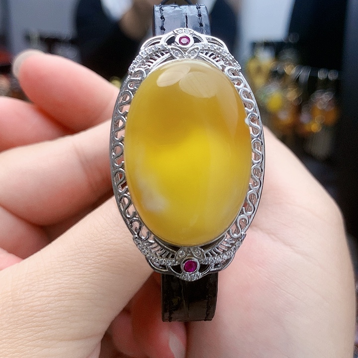 琥珀裸石银S925镶嵌手镯