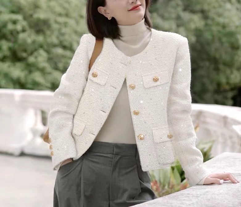 D698法式亮片白色小香风外套女薄款2025新款春秋气质