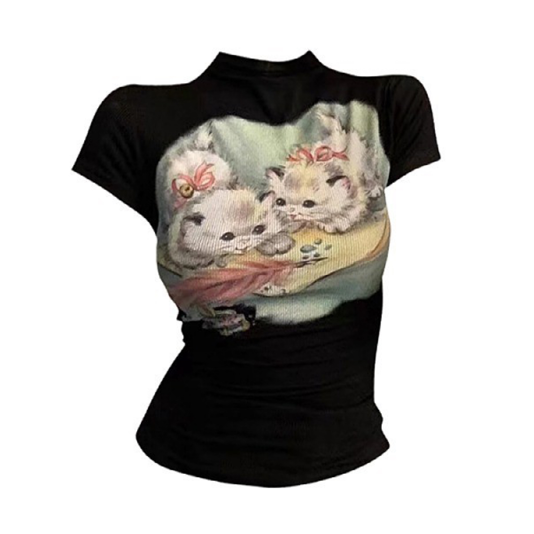 大码美式辣妹猫咪印花圆领短袖t恤女夏季微胖mm修身显瘦正肩上衣