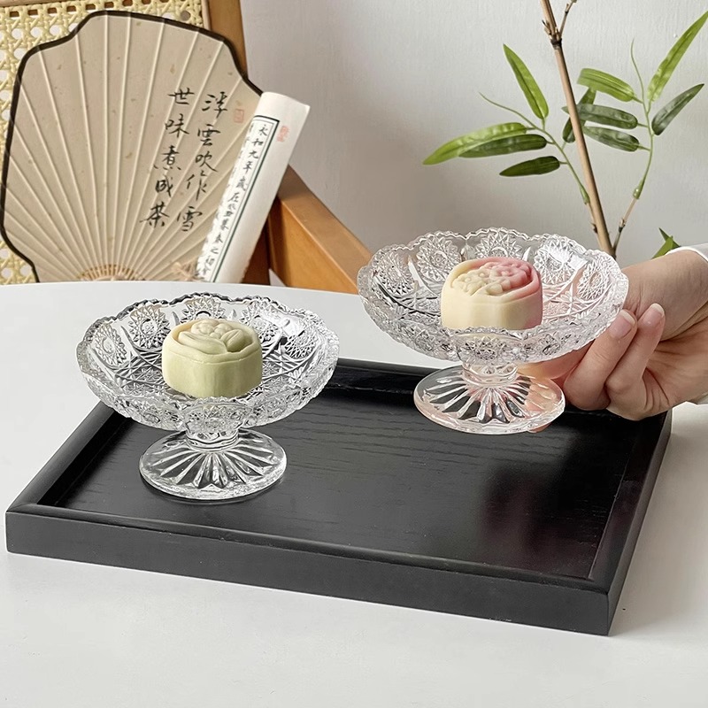 新中式设计感水果盘点心干果碟水晶玻璃高脚小茶碟甜品零食糖果盘