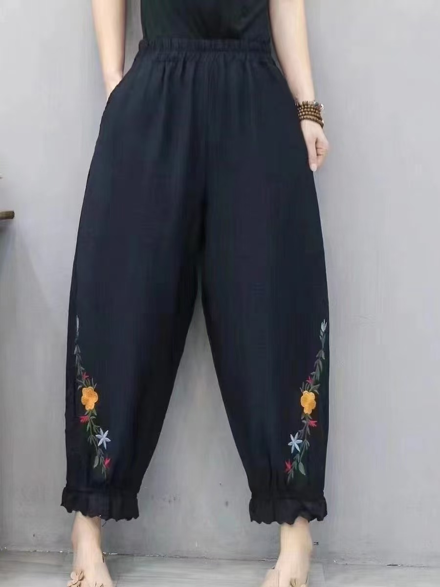 夏季新款绣花拼接蕾丝薄款松紧腰八分裤常熟新中式