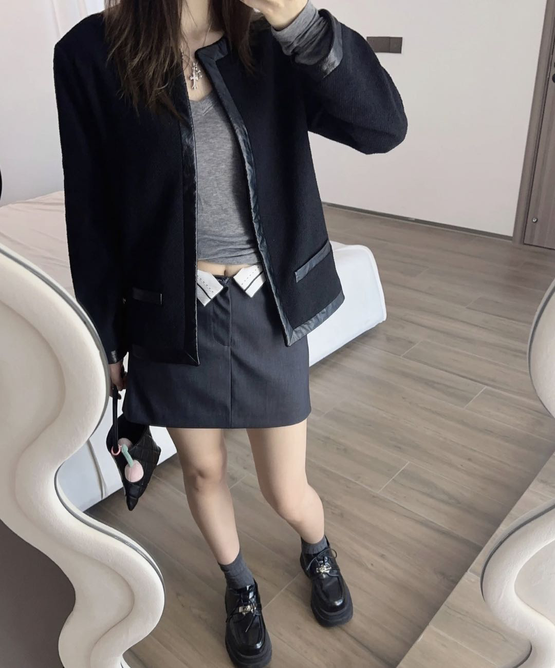 99新 Chanel/香奈儿 qq619 羊毛/棉 春夏走秀款拼皮边外套 36码