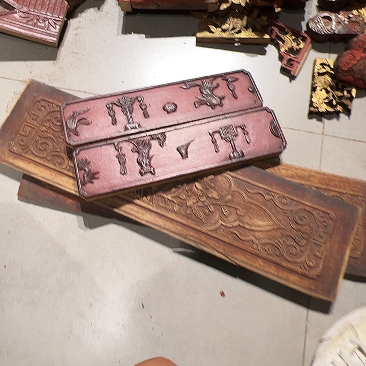 用****0木雕博古一对