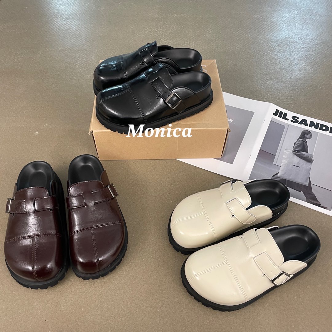 HHL打蜡百搭包头修面极简风包头拖玛丽珍英伦风圆头平底D5138-01