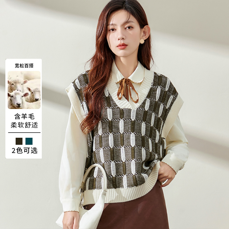 【含羊毛】秋季新款V领格纹拼色外穿马甲女时尚休闲针织叠穿背心女