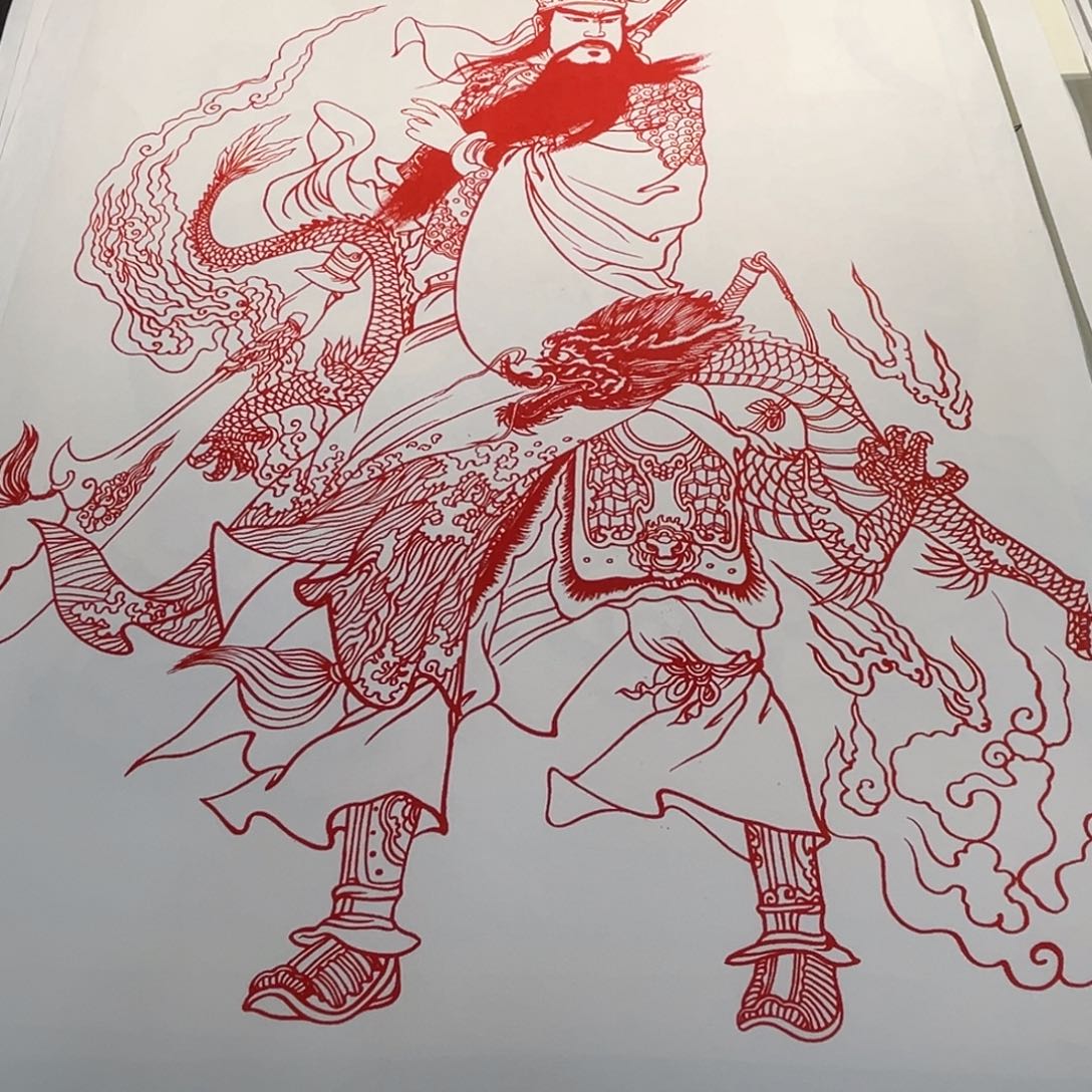 国画朱砂关二爷作品，