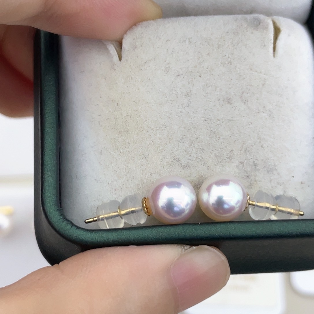 海水珍珠耳饰18K金镶嵌7.5-8素钉