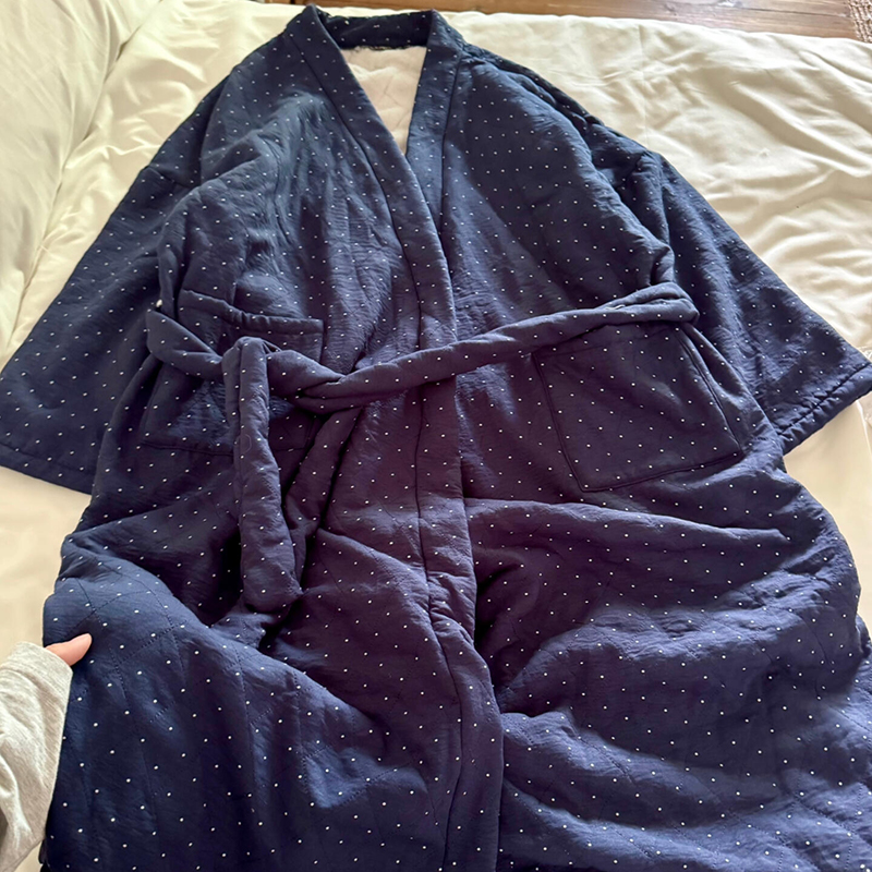 侘町2025年新款藏蓝色波点浴袍小羊羔毛三层夹棉保暖睡袍女家居服