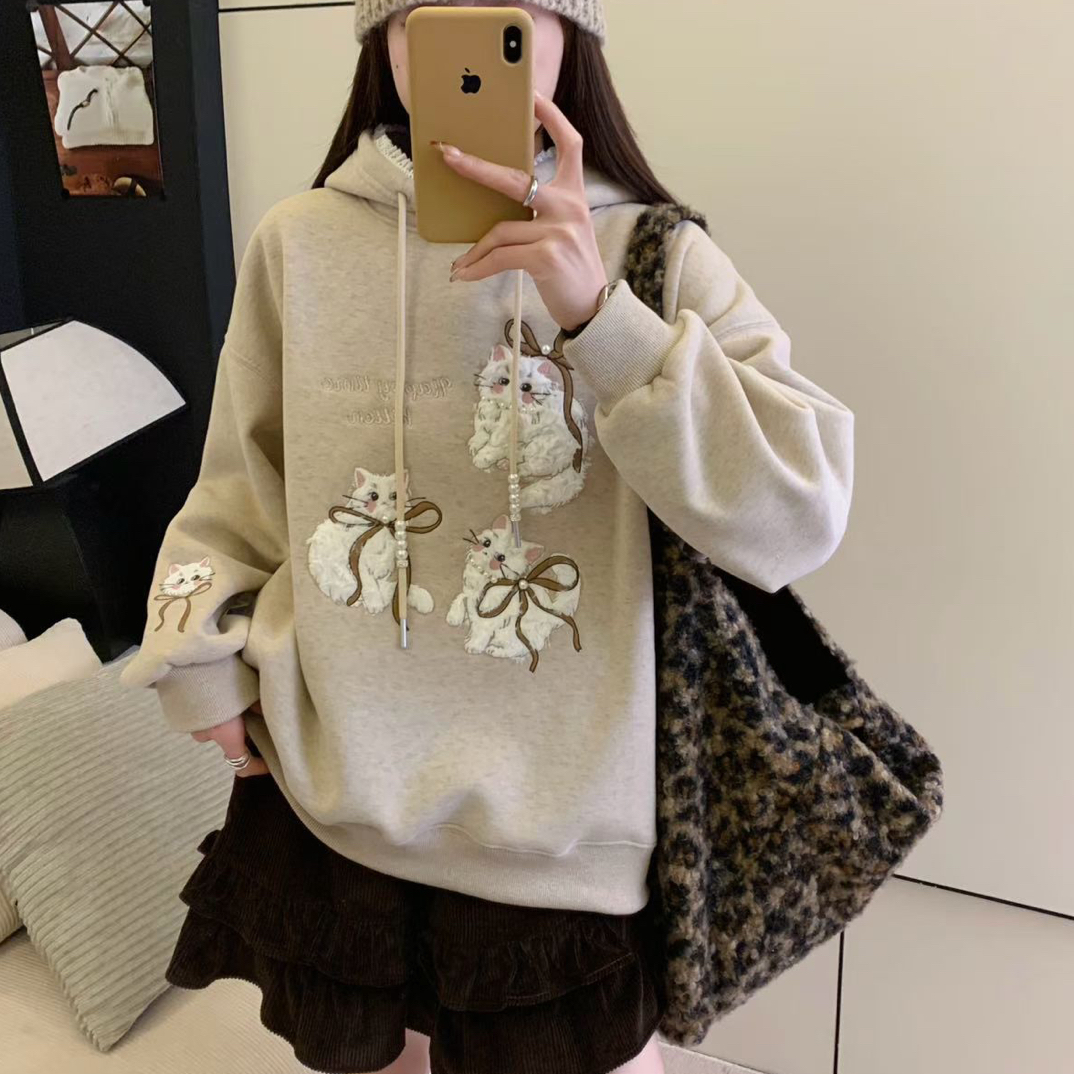 （加绒加厚）3723猫猫刺绣花边拼接宽松韩版女连帽套头长袖女卫衣潮
