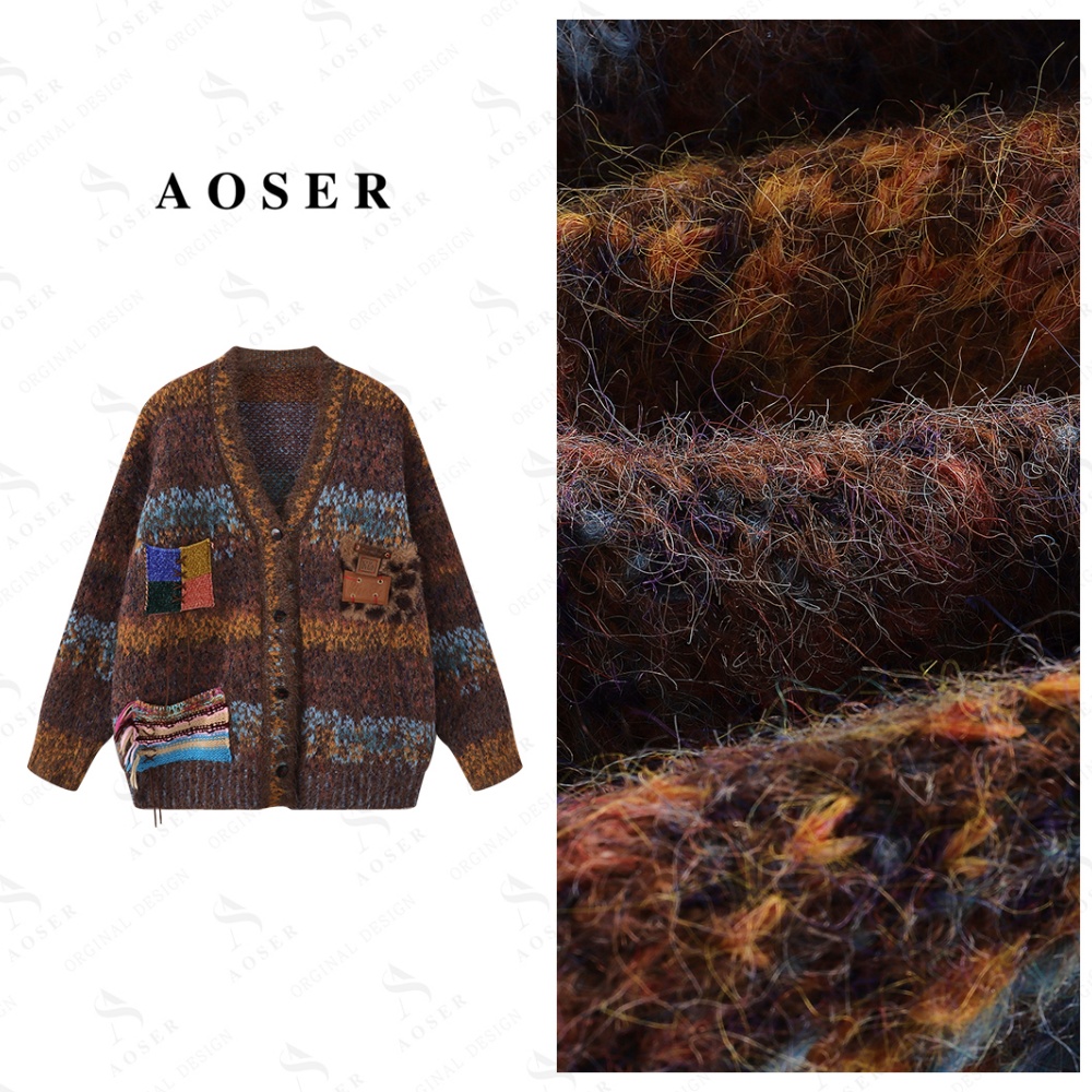 AOSER慵懒风复古重工拼色开衫长袖厚款女装毛衣外套25065