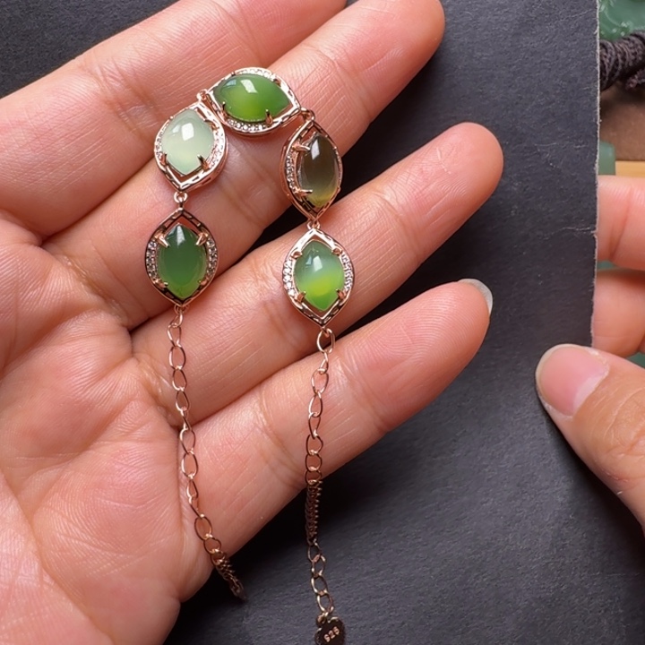 和田玉（碧玉）银S925镀金镶嵌手链