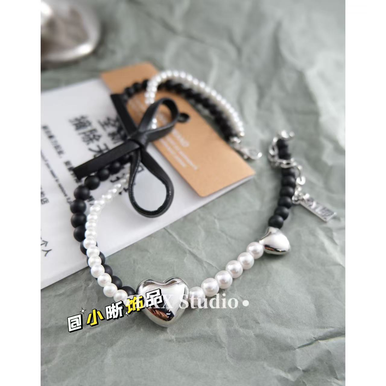 铜合金皮质项链 小众设计爱心拼接链条皮质ins百搭小众项链45079