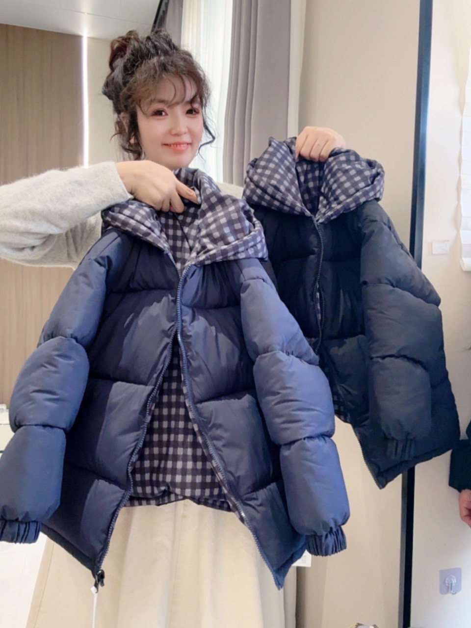 男中大童冬季格子双面穿棉衣新款冬装宽松棉服保暖外套