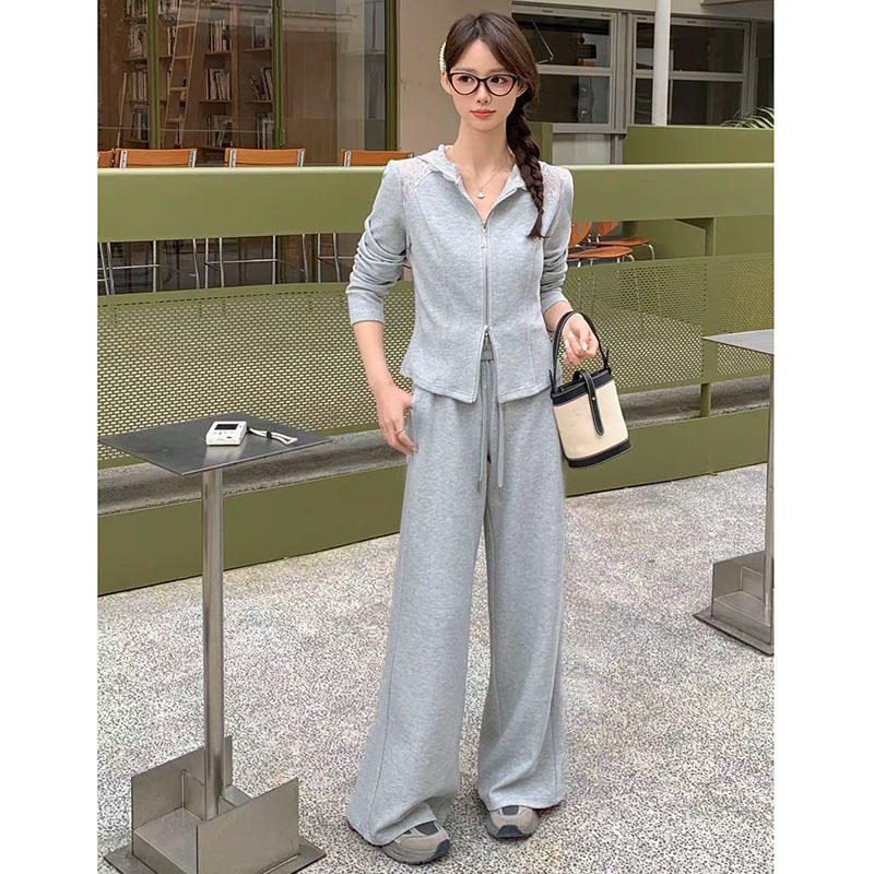 女士蕾丝帽开衫卫衣长裤两件套春季新款简约时尚休闲运动2622