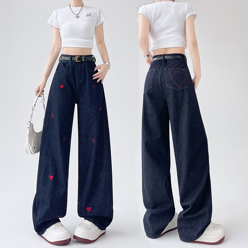 防褪色爱心刺绣弯刀牛仔裤女2025春夏新款高腰宽松显瘦阔腿裤长裤
