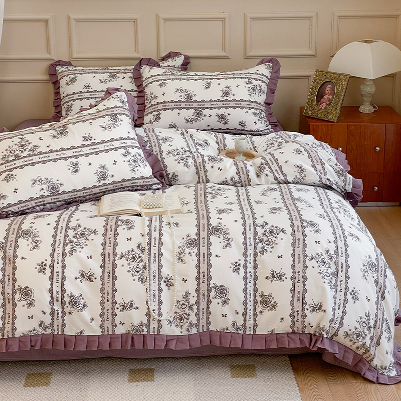 法式花边碎花全棉床上四件套纯棉公主风复古床品新款少女被套床单