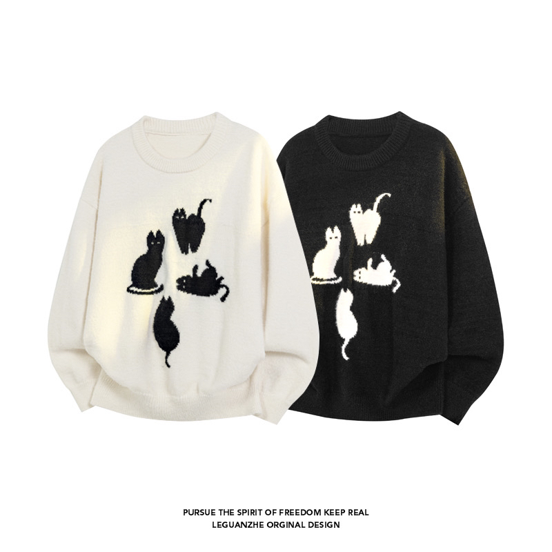 【高品质】宽松型针织加厚圆领毛衣男冬季不褪色针织衫猫秋季套头款