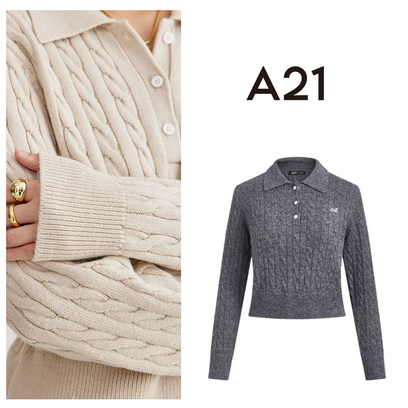 A21秋冬女装宽松翻领落肩绞花纹套头毛衫时尚灰色毛衣F443243021