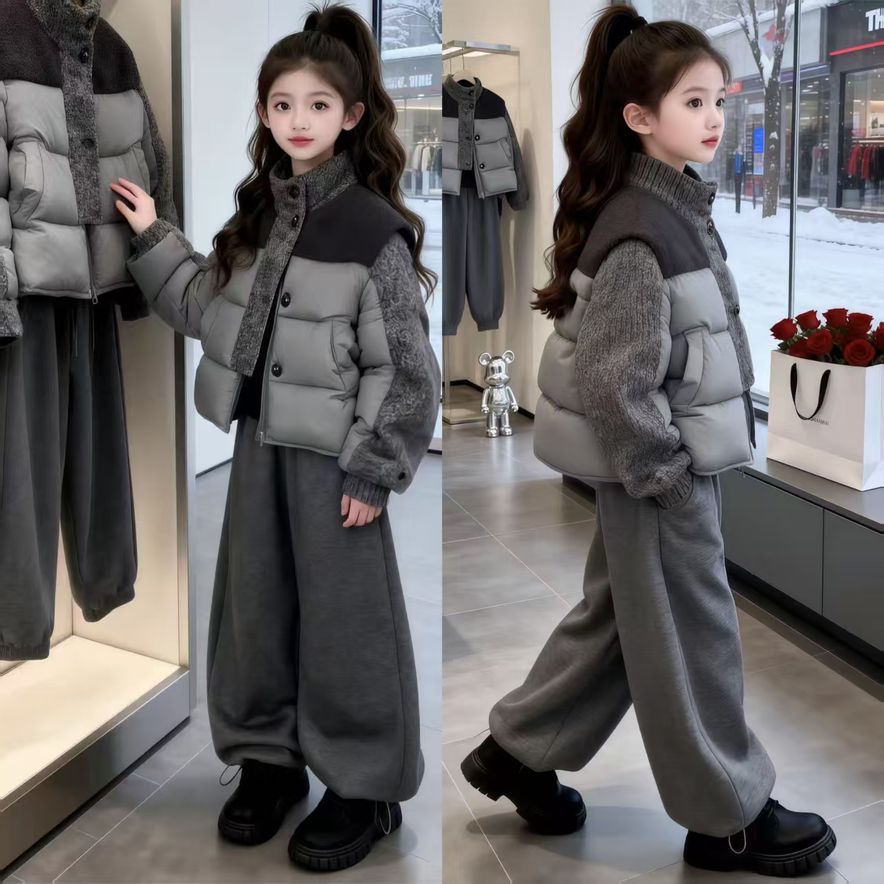 女童酷飒风拼接棉衣冬季套装2025新款中大童韩系面包服加绒弯刀裤