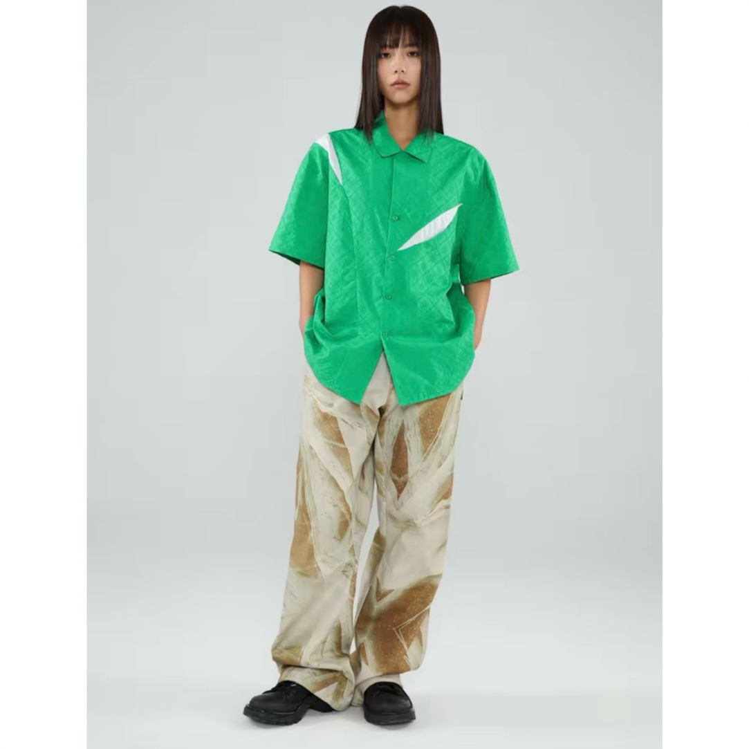 【FAX】不对称撞色宽松撕裂短袖衬衫男女同款2309