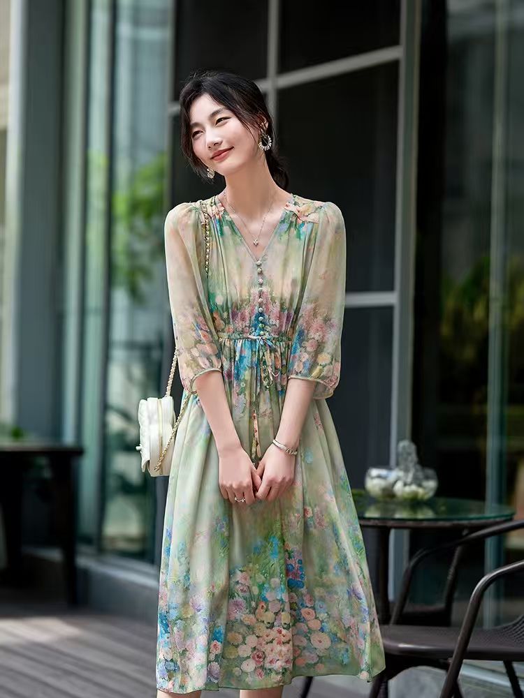 《美妈私服》“花想容”减龄长裙显瘦裙子夏季气质真丝连衣裙80114