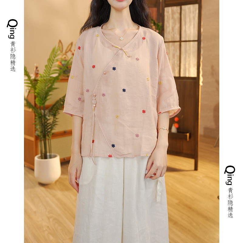 5638夏季苎麻刺绣斜襟宽松衬衫时尚百搭国风中式上衣