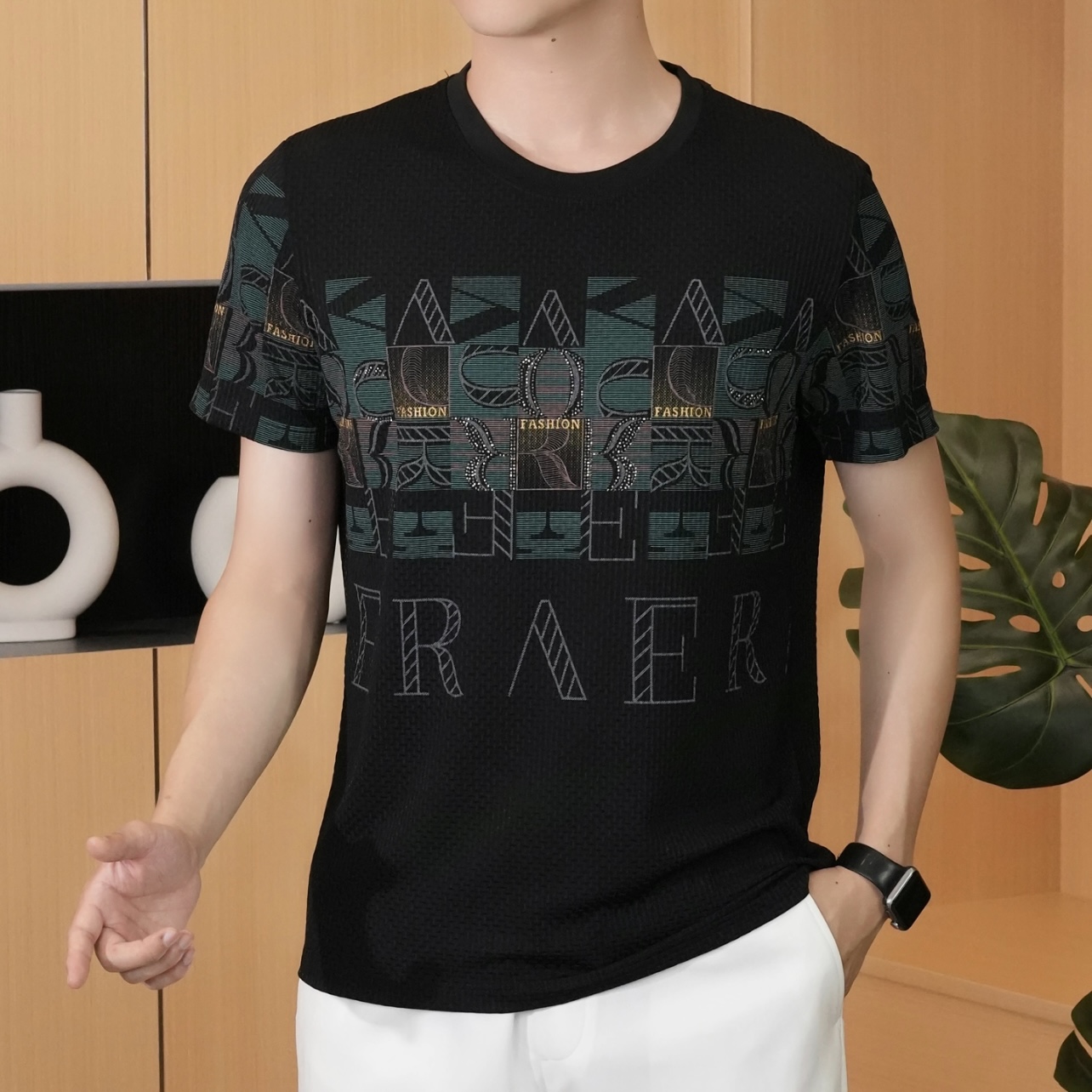 2025圆领夏季男士夏季韩版圆领T恤时尚修身提花冰丝短袖上衣